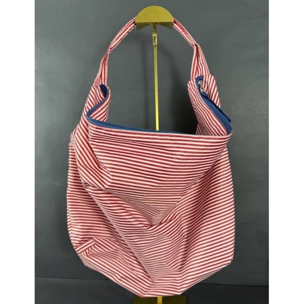 Lancome Tote Bag Nautical Red White Striped w/Blue Zipper Shoulder Bag, Purse